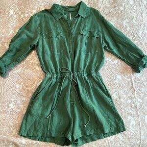 Women’s Young, Fabulous, and Broke linen short jumpsuit, dark green, size L